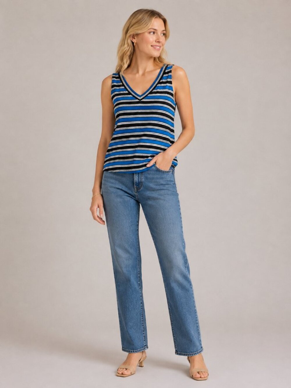 NWT White House Black Market Tank Top XS Sleeveless V Neck Stripe Blue #WHBM75